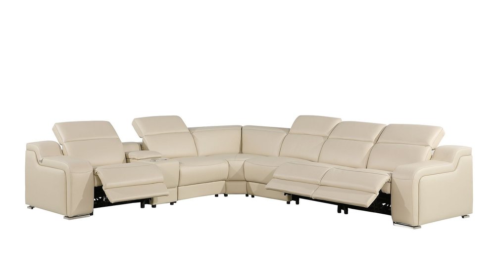 Beige Italian Leather Power Reclining L Shaped Seven Piece Corner Sectional With Console