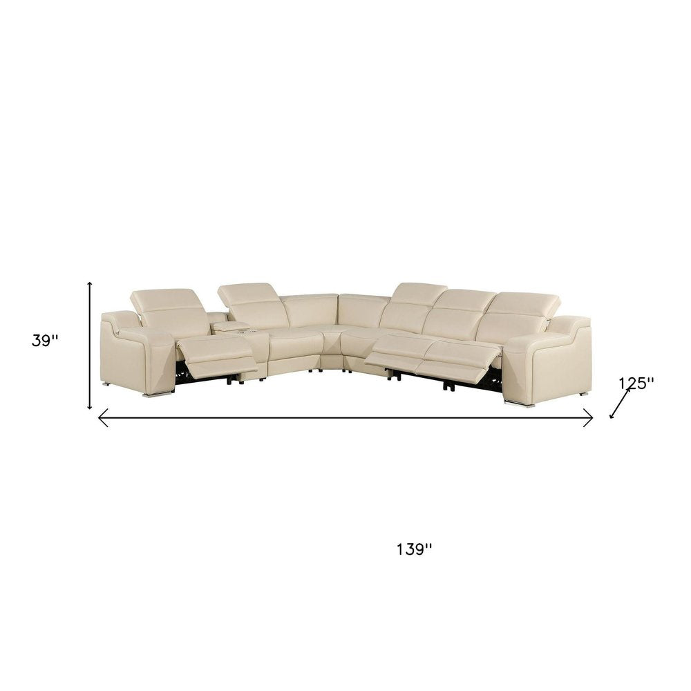 Beige Italian Leather Power Reclining L Shaped Seven Piece Corner Sectional With Console