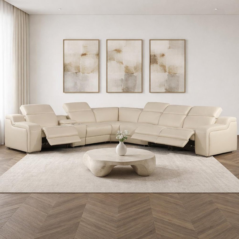 Beige Italian Leather Power Reclining L Shaped Seven Piece Corner Sectional With Console