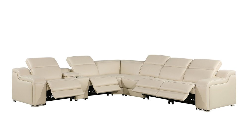 Beige Italian Leather Power Reclining L Shaped Seven Piece Corner Sectional With Console