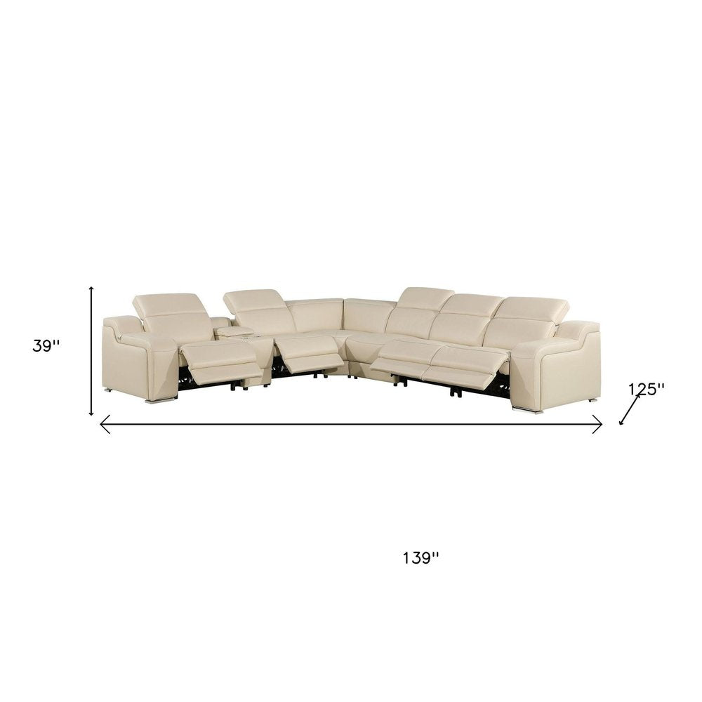 Beige Italian Leather Power Reclining L Shaped Seven Piece Corner Sectional With Console