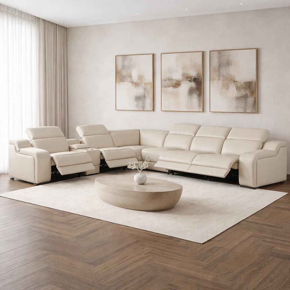 Beige Italian Leather Power Reclining L Shaped Seven Piece Corner Sectional With Console