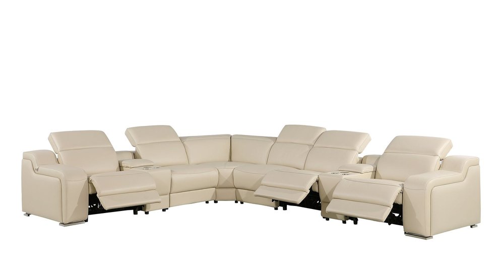 Beige Italian Leather Power Reclining L Shaped Seven Piece Corner Sectional With Console