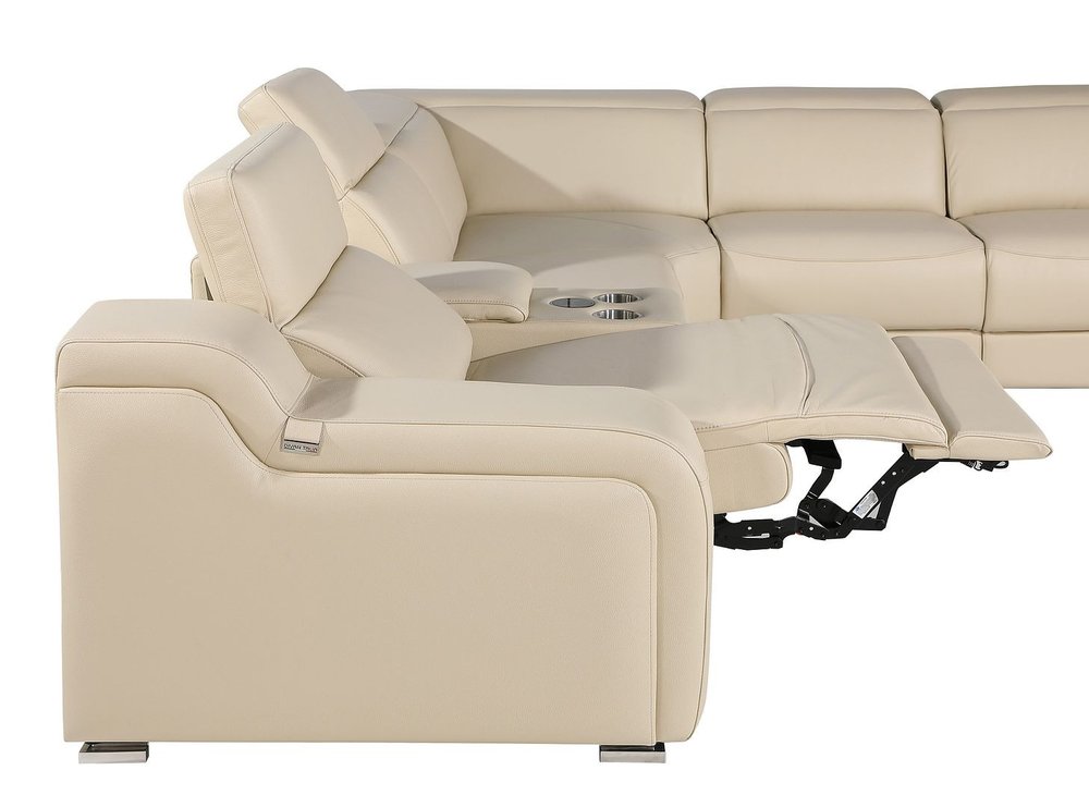 Beige Italian Leather Power Reclining L Shaped Seven Piece Corner Sectional With Console