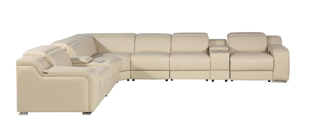 Beige Italian Leather Power Reclining L Shaped Seven Piece Corner Sectional With Console