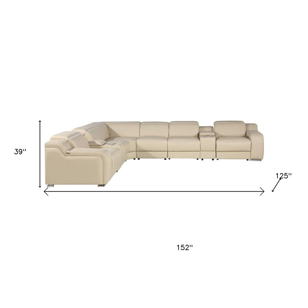 Beige Italian Leather Power Reclining L Shaped Seven Piece Corner Sectional With Console