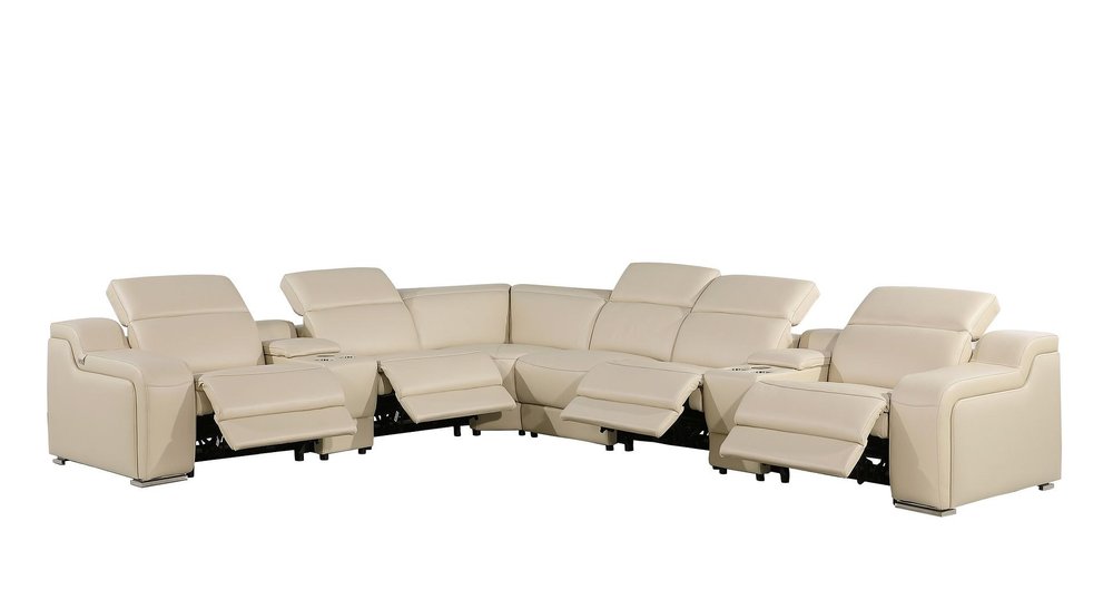 Beige Italian Leather Power Reclining L Shaped Eight Piece Corner Sectional With Console