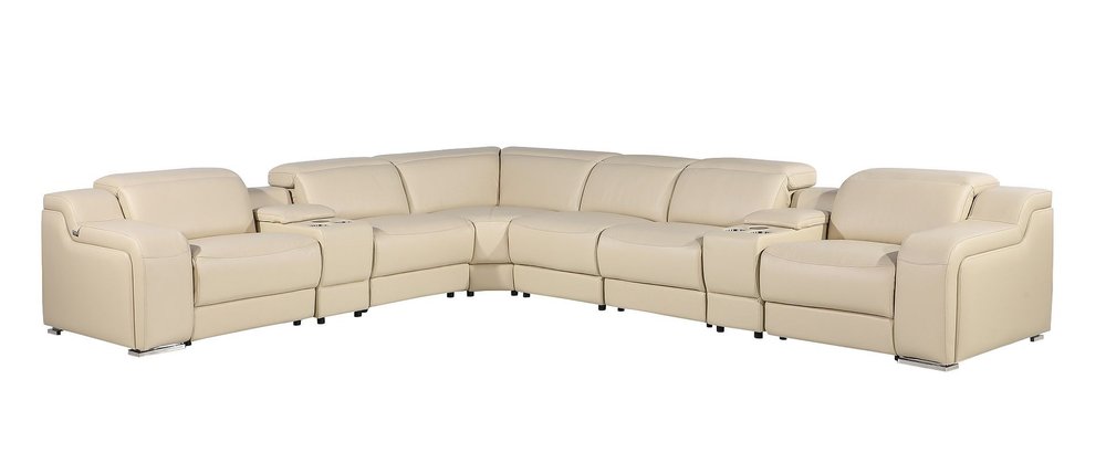 Beige Italian Leather Power Reclining L Shaped Eight Piece Corner Sectional With Console
