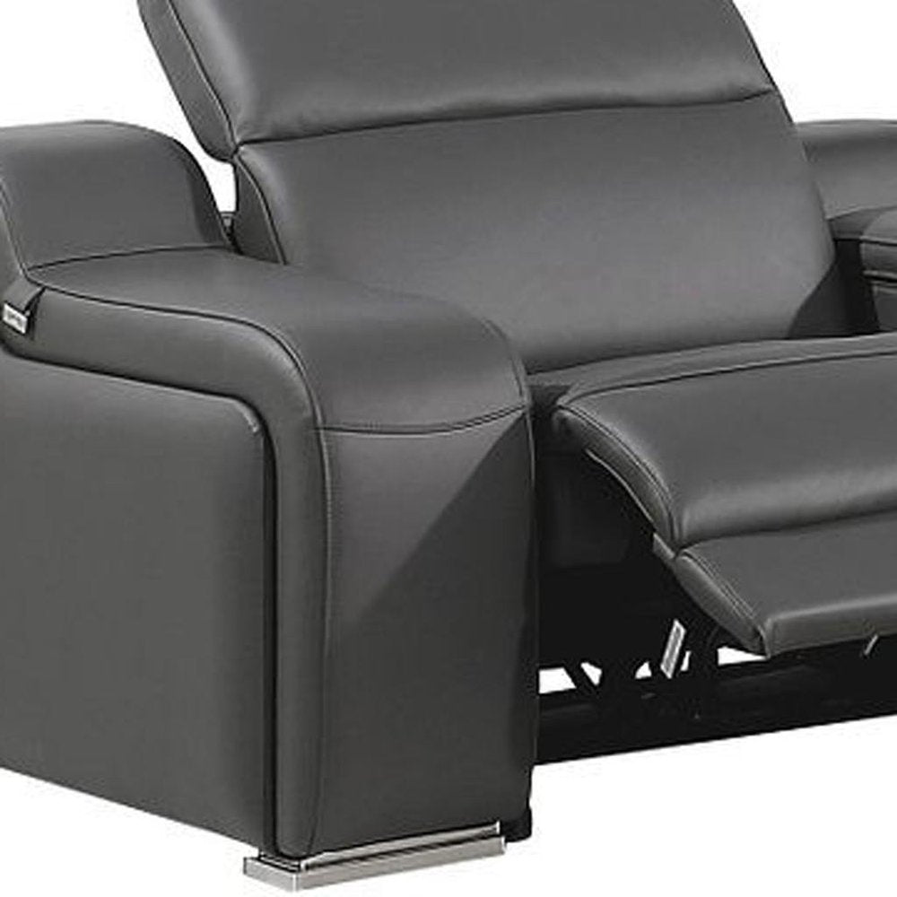 Dark Gray Italian Leather Power Reclining L Shaped Seven Piece Corner Sectional With Console