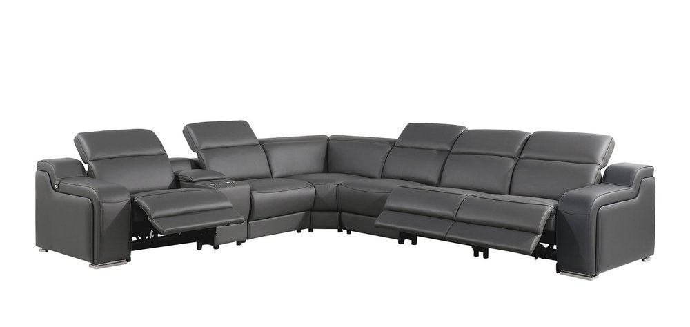 Dark Gray Italian Leather Power Reclining L Shaped Seven Piece Corner Sectional With Console