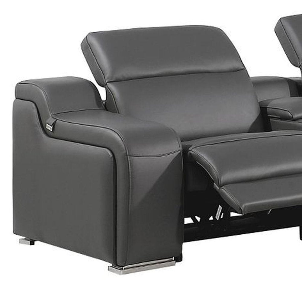Dark Gray Italian Leather Power Reclining L Shaped Seven Piece Corner Sectional With Console