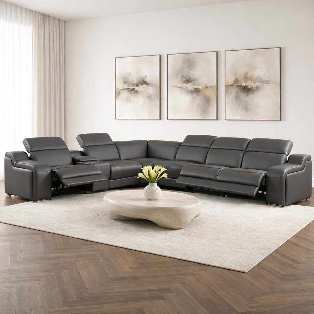 Dark Gray Italian Leather Power Reclining L Shaped Seven Piece Corner Sectional With Console
