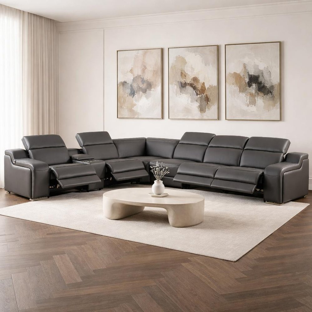 Dark Gray Italian Leather Power Reclining L Shaped Seven Piece Corner Sectional With Console