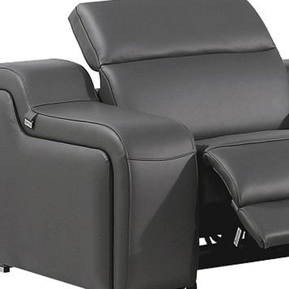 Dark Gray Italian Leather Power Reclining L Shaped Seven Piece Corner Sectional With Console