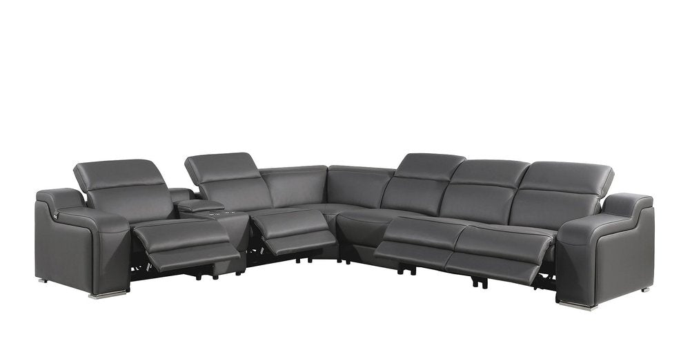 Dark Gray Italian Leather Power Reclining L Shaped Seven Piece Corner Sectional With Console