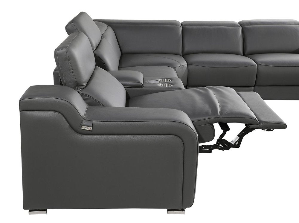 Dark Gray Italian Leather Power Reclining L Shaped Seven Piece Corner Sectional With Console on a white background