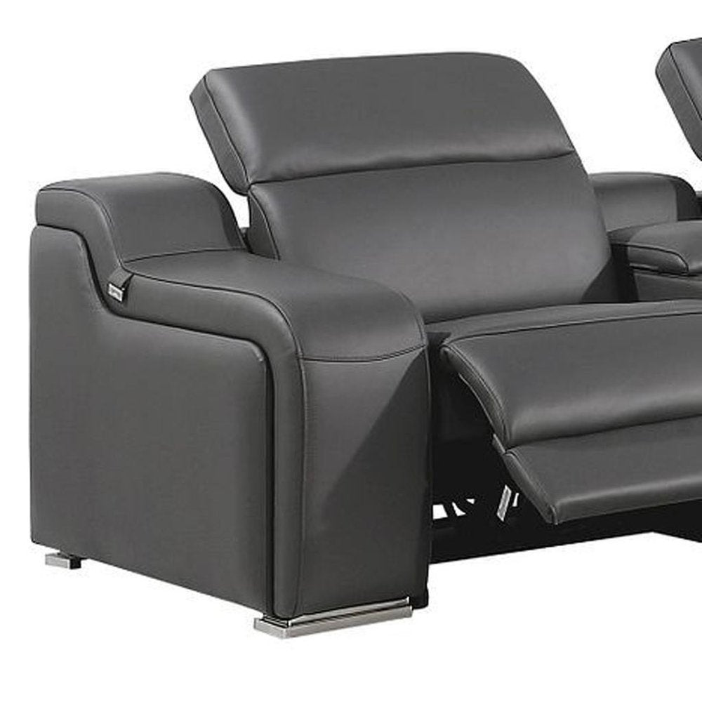 Dark Gray Italian Leather Power Reclining L Shaped Seven Piece Corner Sectional With Console