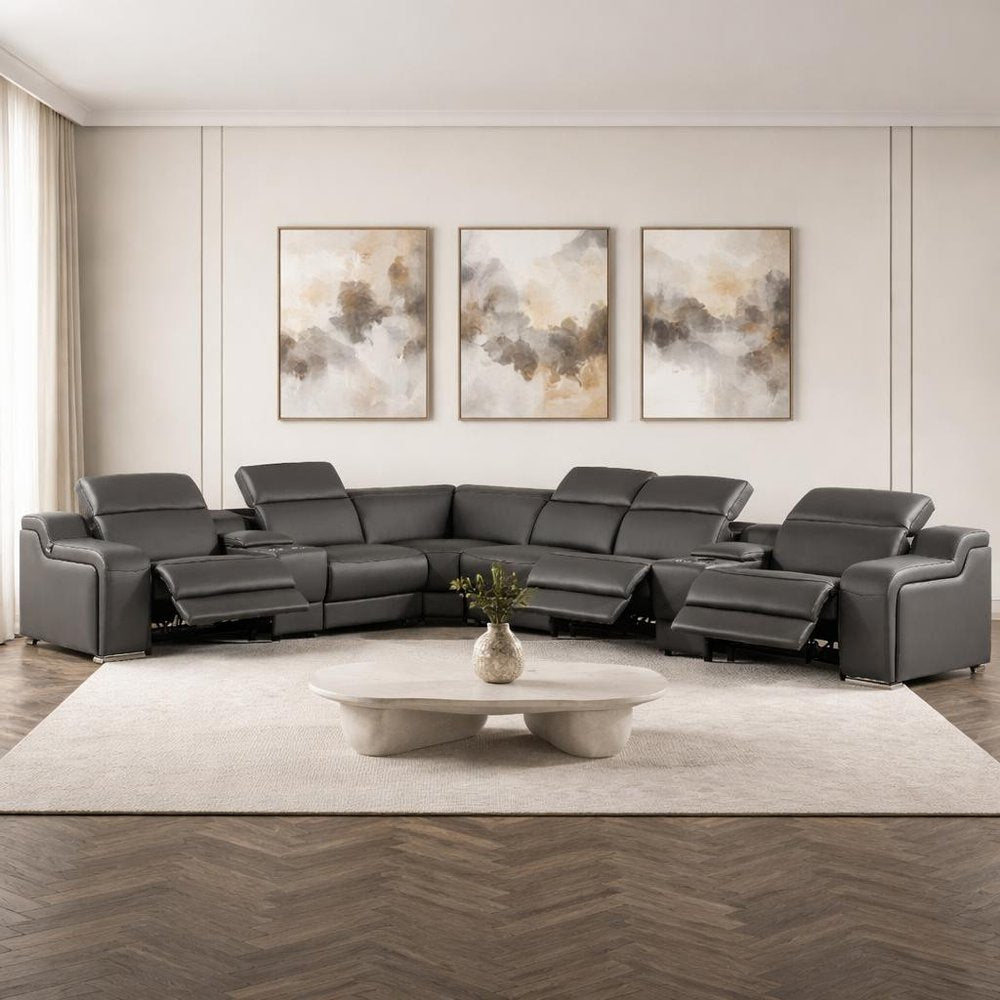 Dark Gray Italian Leather Power Reclining L Shaped Eight Piece Corner Sectional With Console