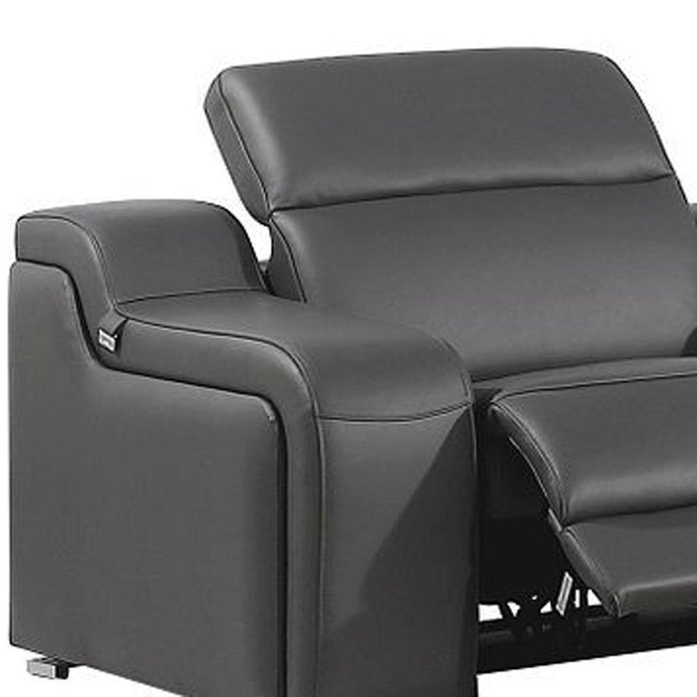 Dark Gray Italian Leather Power Reclining L Shaped Eight Piece Corner Sectional With Console