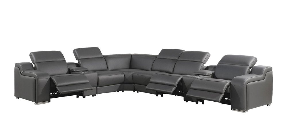 Dark Gray Italian Leather Power Reclining L Shaped Eight Piece Corner Sectional With Console