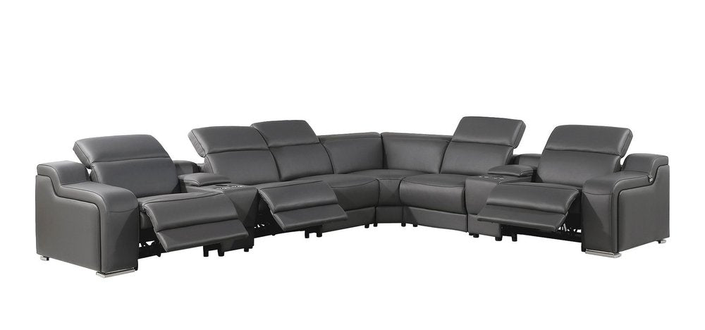 Dark Gray Italian Leather Power Reclining L Shaped Eight Piece Corner Sectional With Console