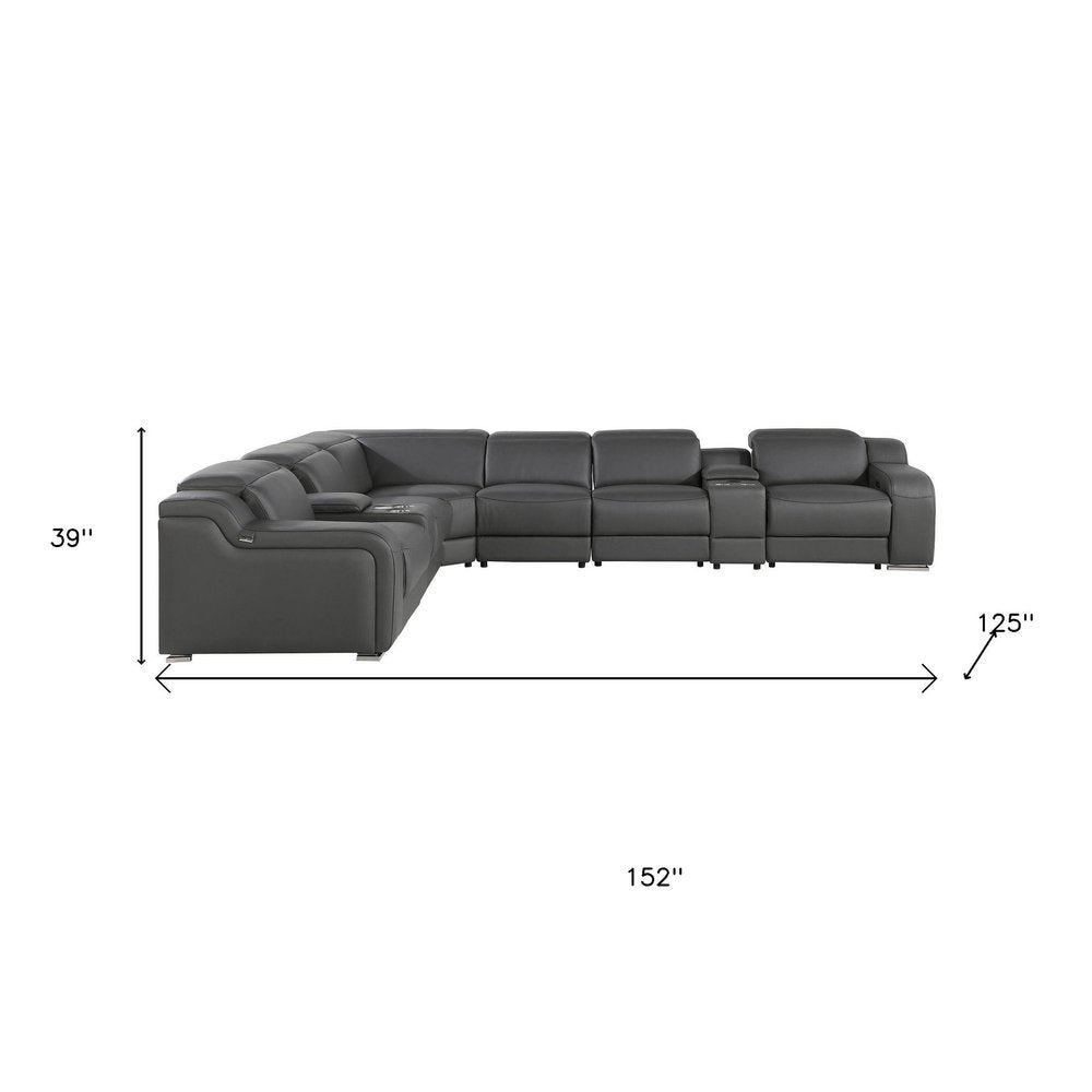 Dark Gray Italian Leather Power Reclining L Shaped Eight Piece Corner Sectional With Console