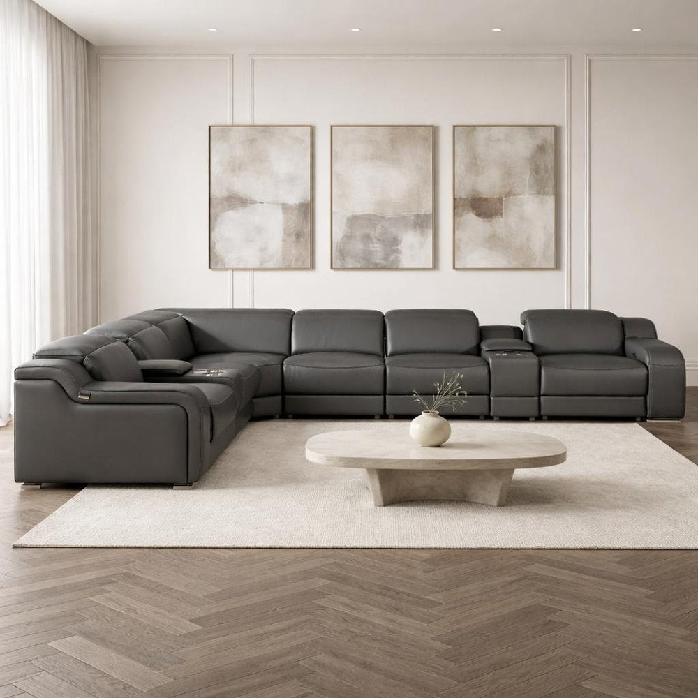 Dark Gray Italian Leather Power Reclining L Shaped Eight Piece Corner Sectional With Console