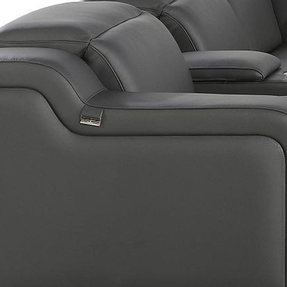 Dark Gray Italian Leather Power Reclining L Shaped Eight Piece Corner Sectional With Console