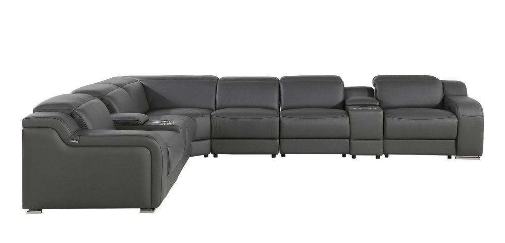 Dark Gray Italian Leather Power Reclining L Shaped Eight Piece Corner Sectional With Console