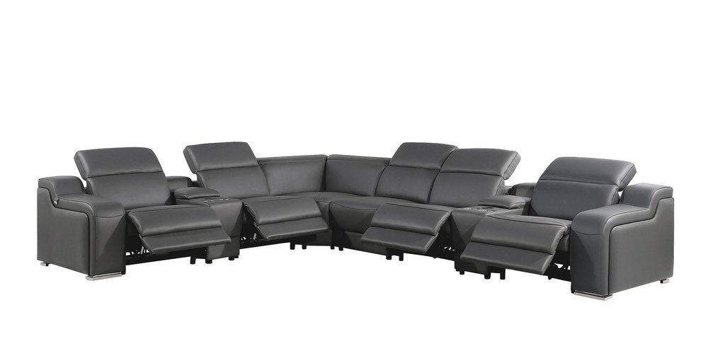 Dark Gray Italian Leather Power Reclining L Shaped Eight Piece Corner Sectional With Console