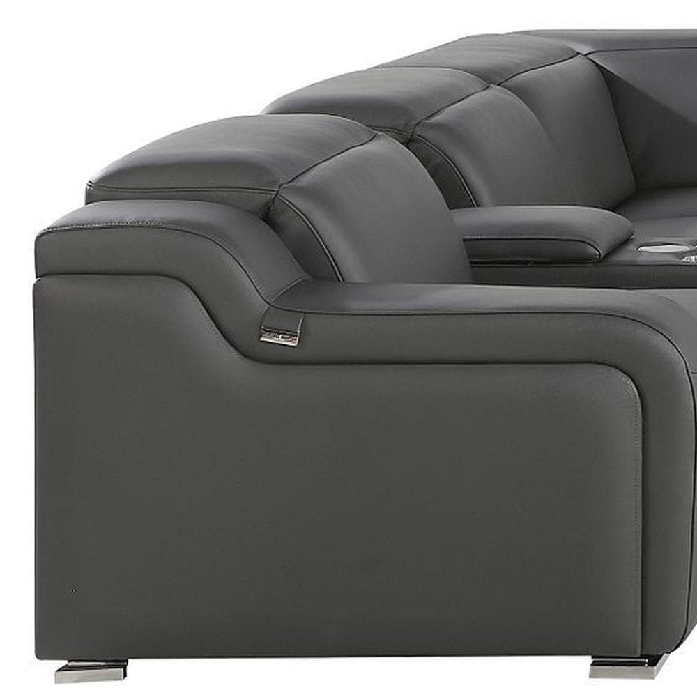 Dark Gray Italian Leather Power Reclining L Shaped Eight Piece Corner Sectional With Console