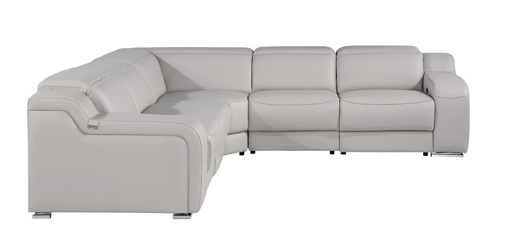 Light Gray Italian Leather Power Reclining L Shaped Five Piece Corner Sectional