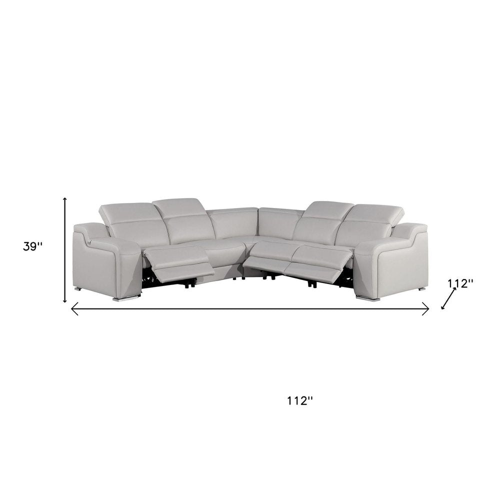 Light Gray Italian Leather Power Reclining L Shaped Five Piece Corner Sectional