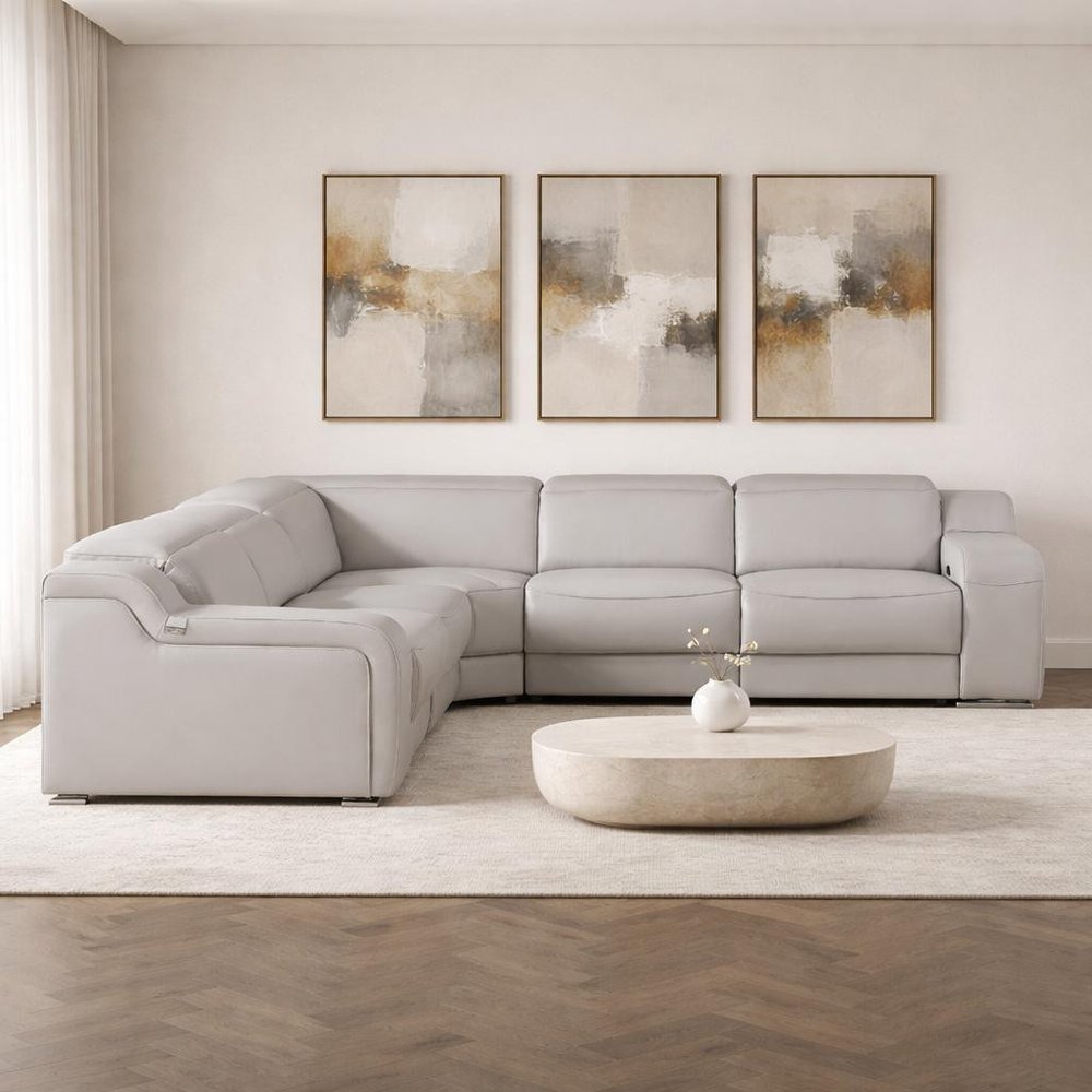 Light Gray Italian Leather Power Reclining L Shaped Five Piece Corner Sectional