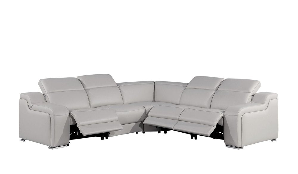 Light Gray Italian Leather Power Reclining L Shaped Five Piece Corner Sectional