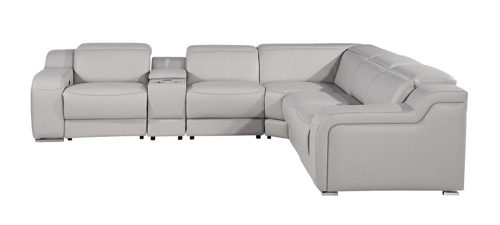 Light Gray Italian Leather Power Reclining L Shaped Six Piece Corner Sectional With Console