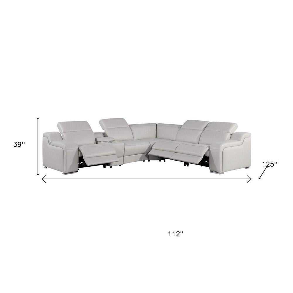 Light Gray Italian Leather Power Reclining L Shaped Six Piece Corner Sectional With Console