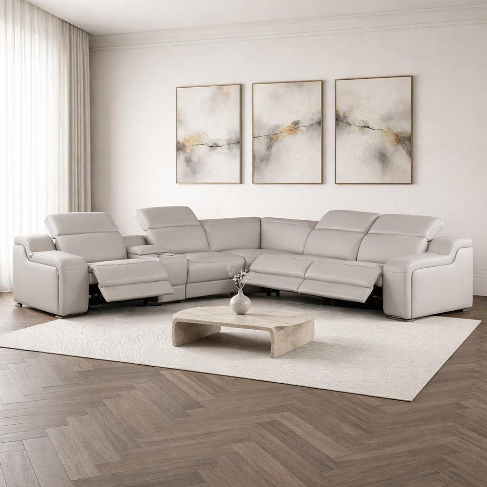 Light Gray Italian Leather Power Reclining L Shaped Six Piece Corner Sectional With Console