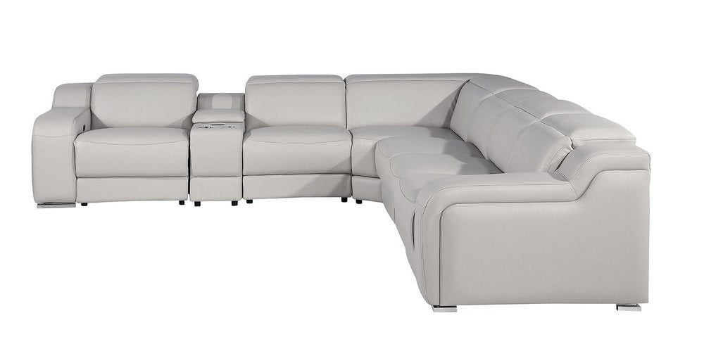 Light Gray Italian Leather Power Reclining L Shaped Seven Piece Corner Sectional With Console