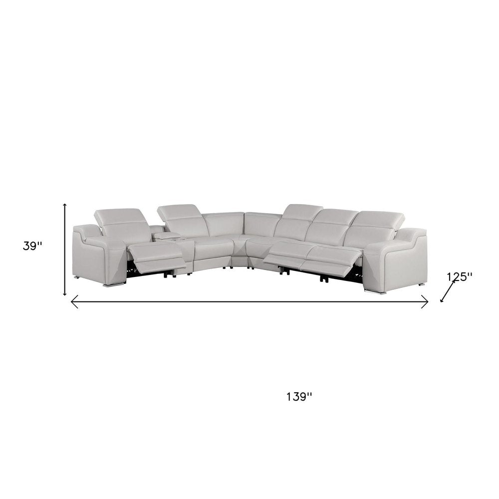 Light Gray Italian Leather Power Reclining L Shaped Seven Piece Corner Sectional With Console