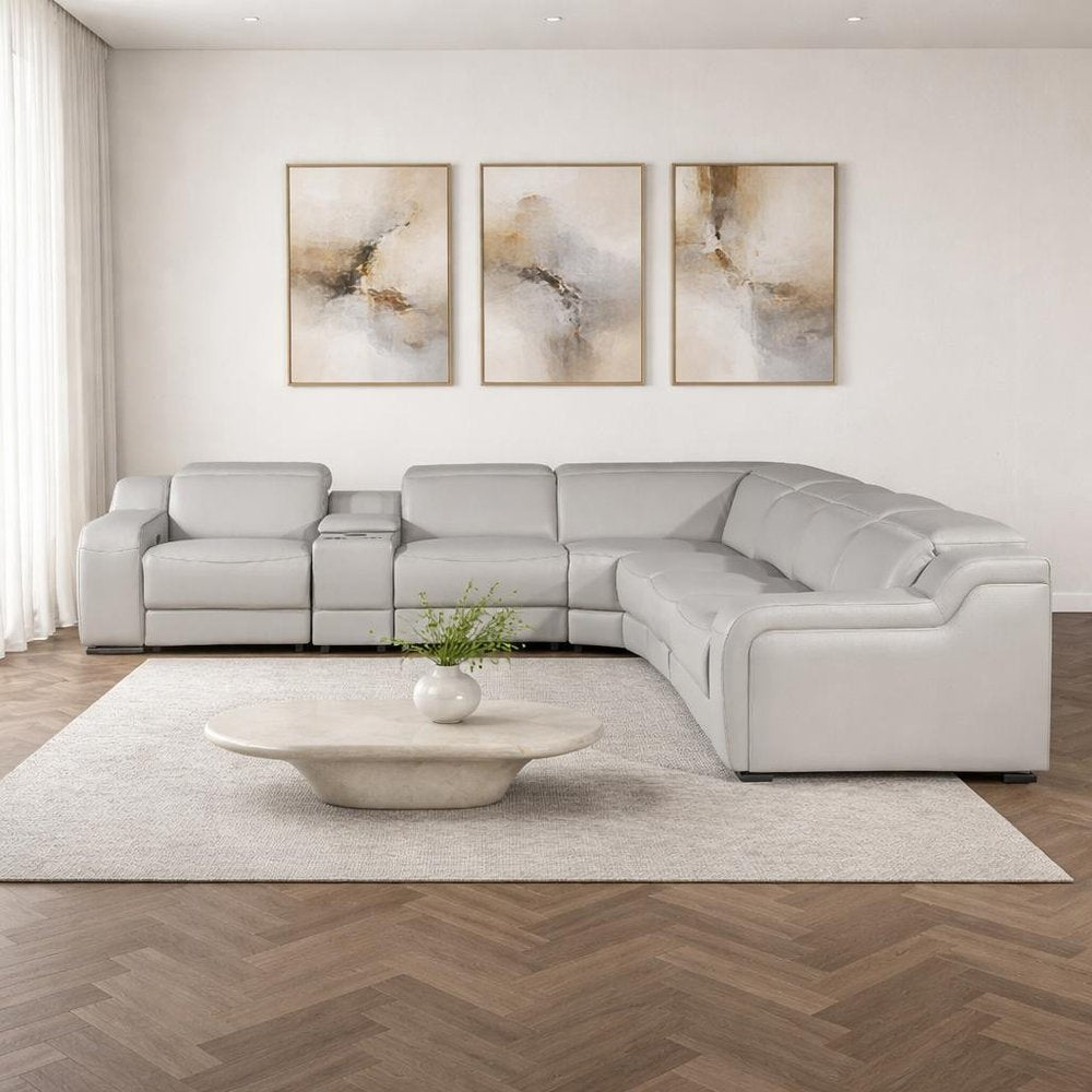 Light Gray Italian Leather Power Reclining L Shaped Seven Piece Corner Sectional With Console