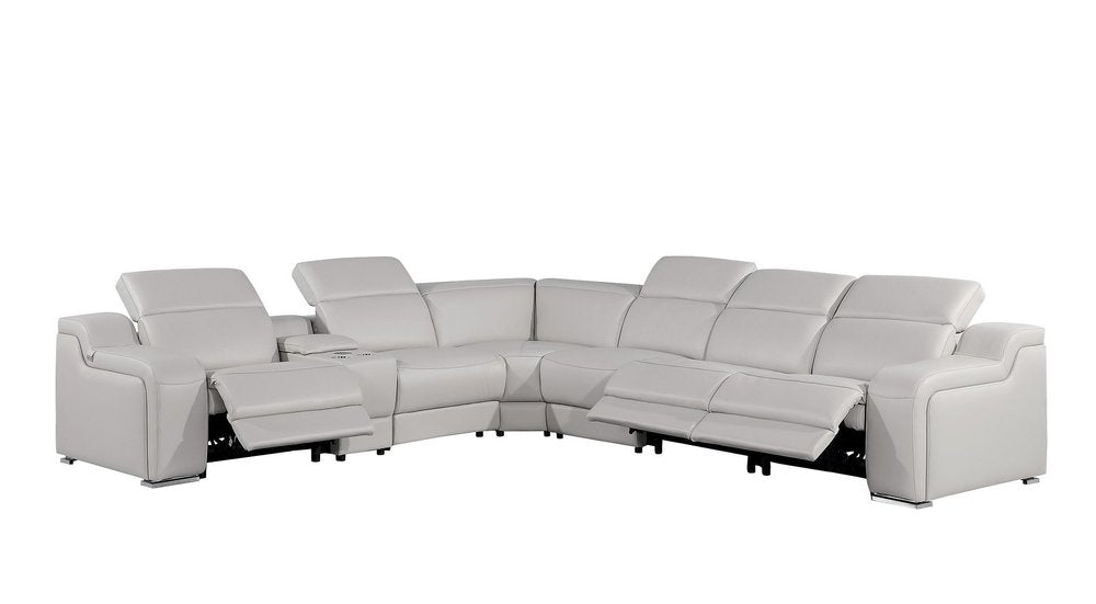 Light Gray Italian Leather Power Reclining L Shaped Seven Piece Corner Sectional With Console
