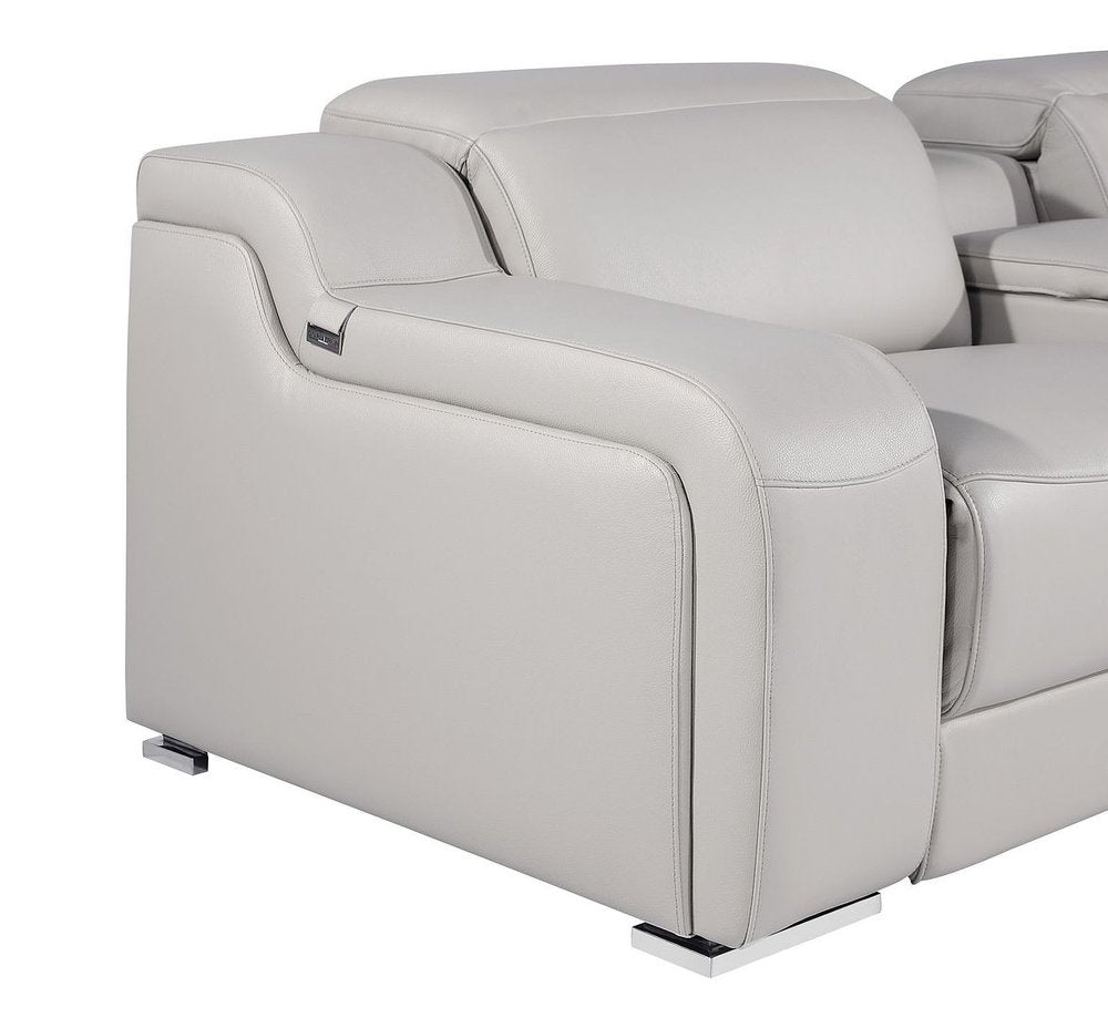 Light Gray Italian Leather Power Reclining L Shaped Seven Piece Corner Sectional With Console