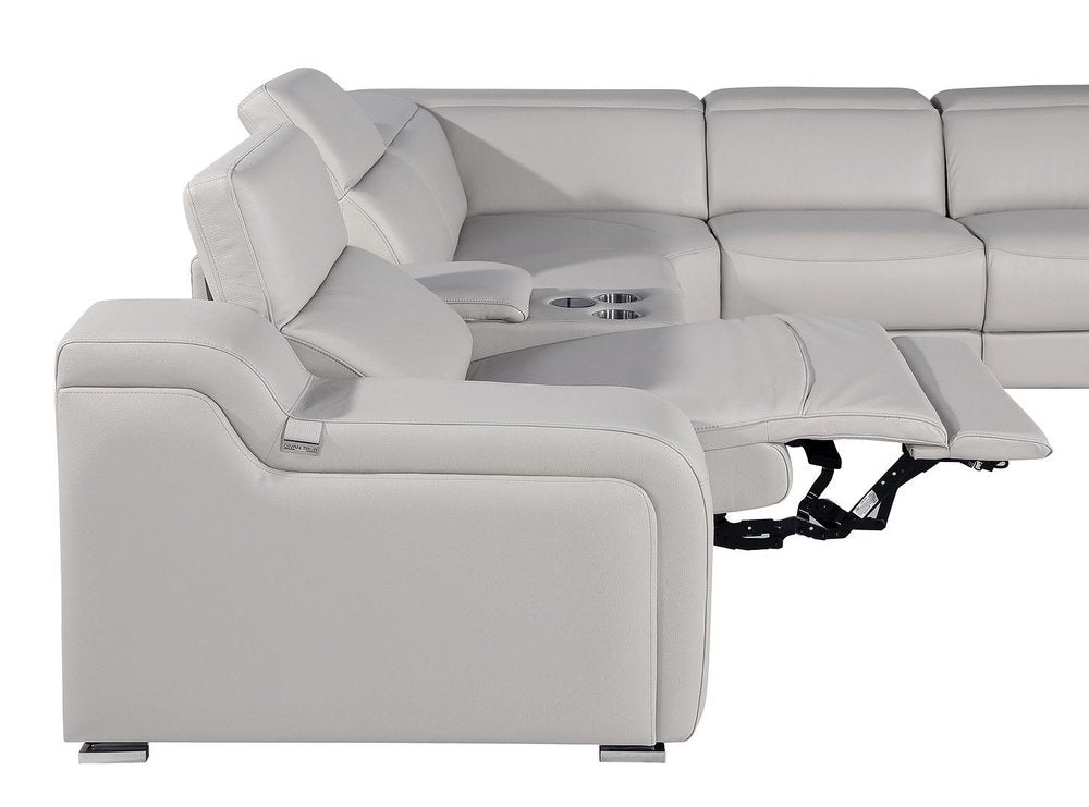 Light Gray Italian Leather Power Reclining L Shaped Seven Piece Corner Sectional With Console