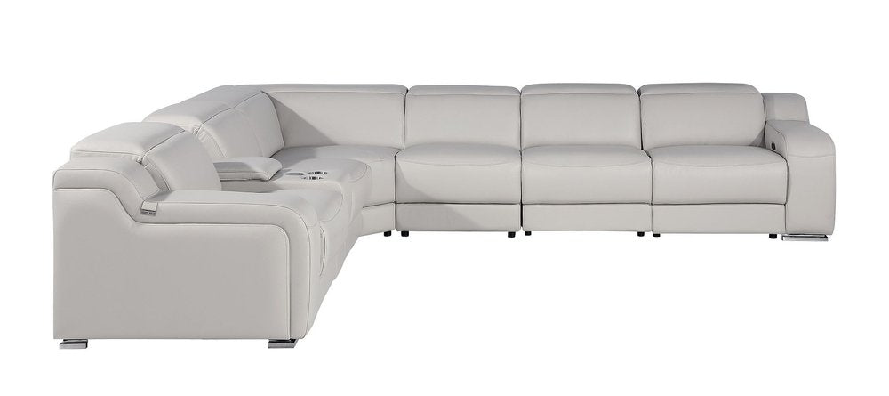Light Gray Italian Leather Power Reclining L Shaped Seven Piece Corner Sectional With Console