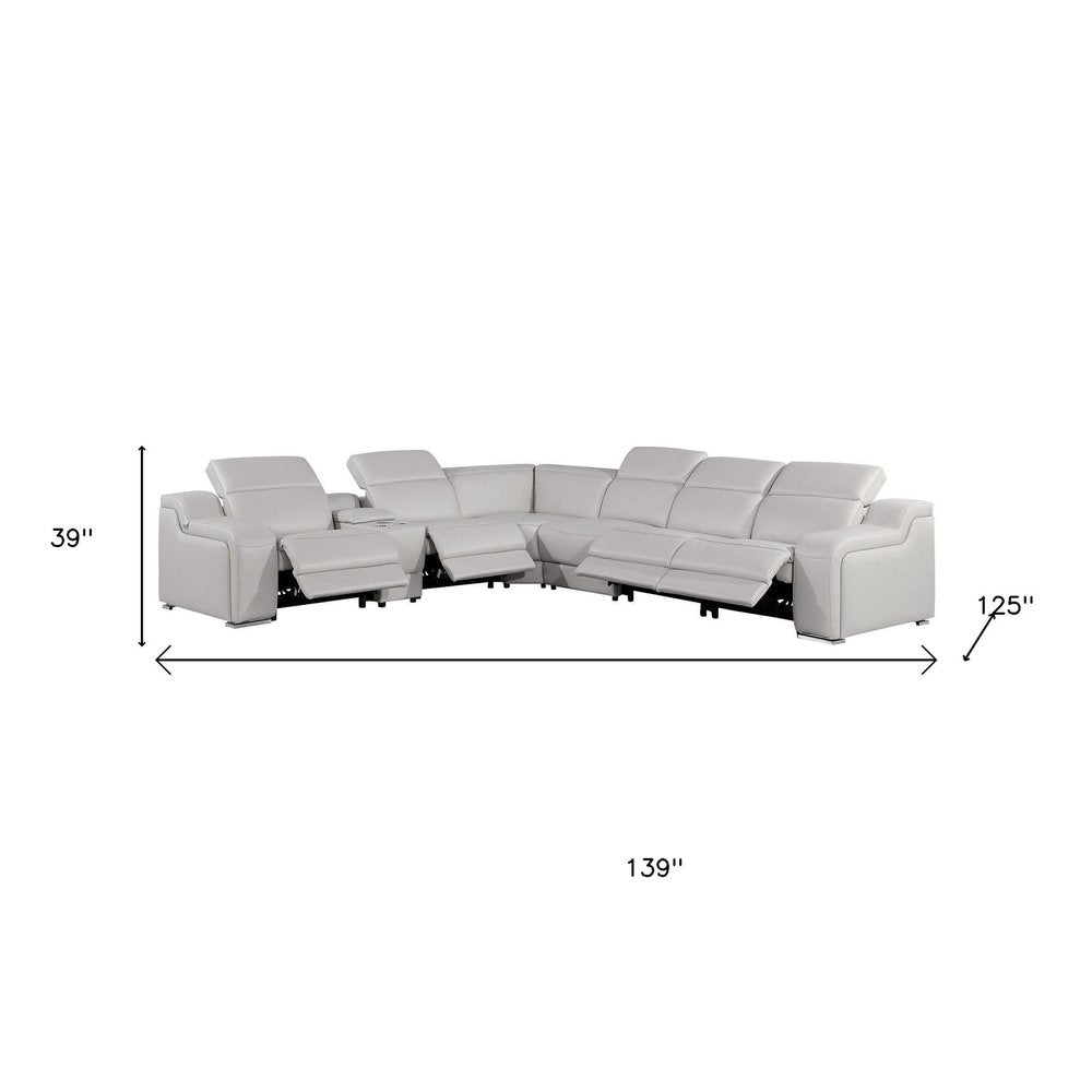 Light Gray Italian Leather Power Reclining L Shaped Seven Piece Corner Sectional With Console