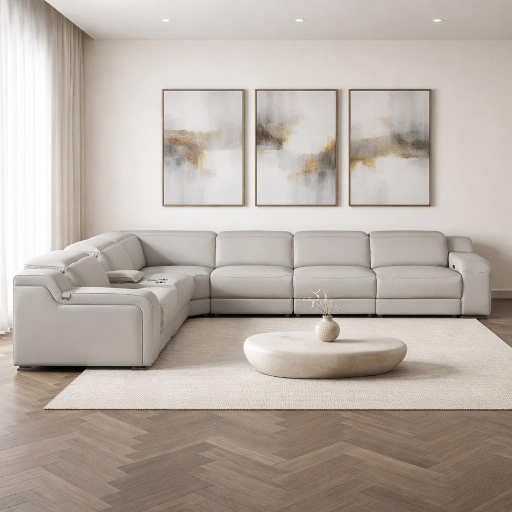 Light Gray Italian Leather Power Reclining L Shaped Seven Piece Corner Sectional With Console