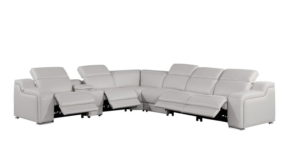 Light Gray Italian Leather Power Reclining L Shaped Seven Piece Corner Sectional With Console