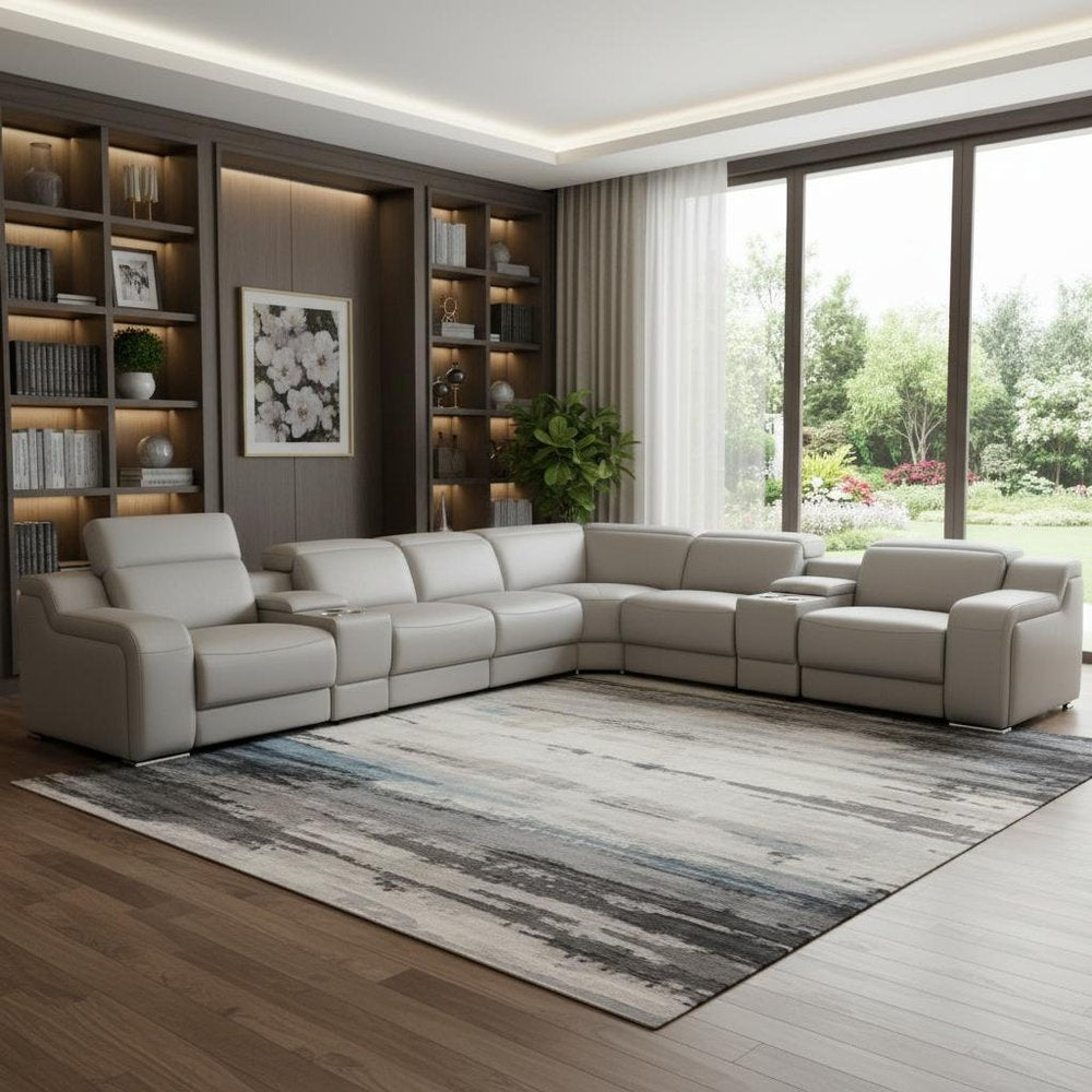 Light Gray Italian Leather Power Reclining L Shaped Eight Piece Corner Sectional With Console