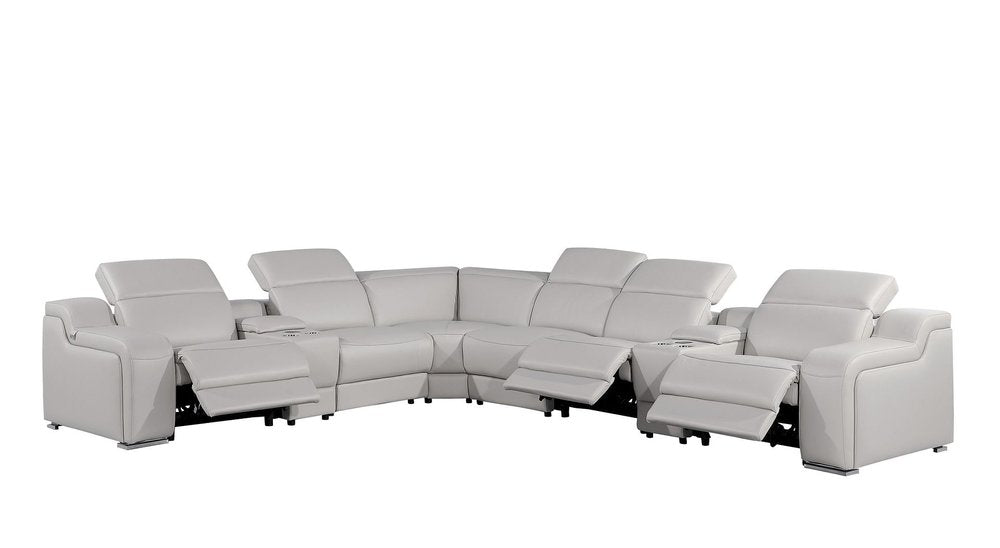 Light Gray Italian Leather Power Reclining L Shaped Eight Piece Corner Sectional With Console